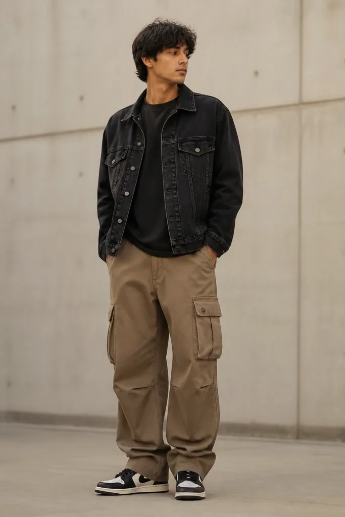 A man wearing a black denim jacket over a tee, with tan brown baggy cargo pants. He wears black-and-white high-top sneakers and the jacket hem hits mid-hip. The pants stack over the sneakers and the pockets show flaps.