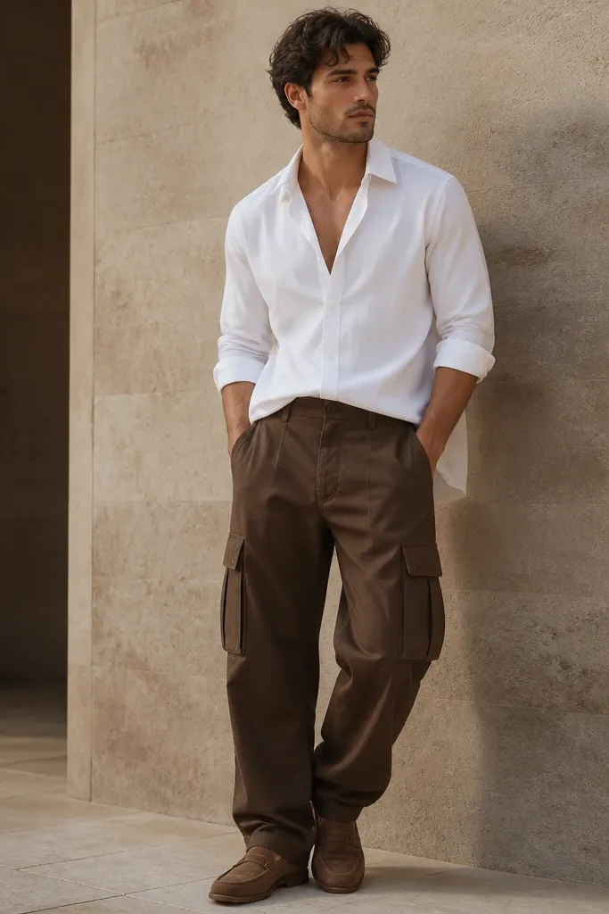 A man in a crisp white button-up shirt worn with the top two buttons open and sleeves rolled, paired with brown baggy cargo pants. He wears suede loafers in dark tan and the shirt is lightly tucked at the front. The photo shows the cargo pockets and a controlled hem stack.