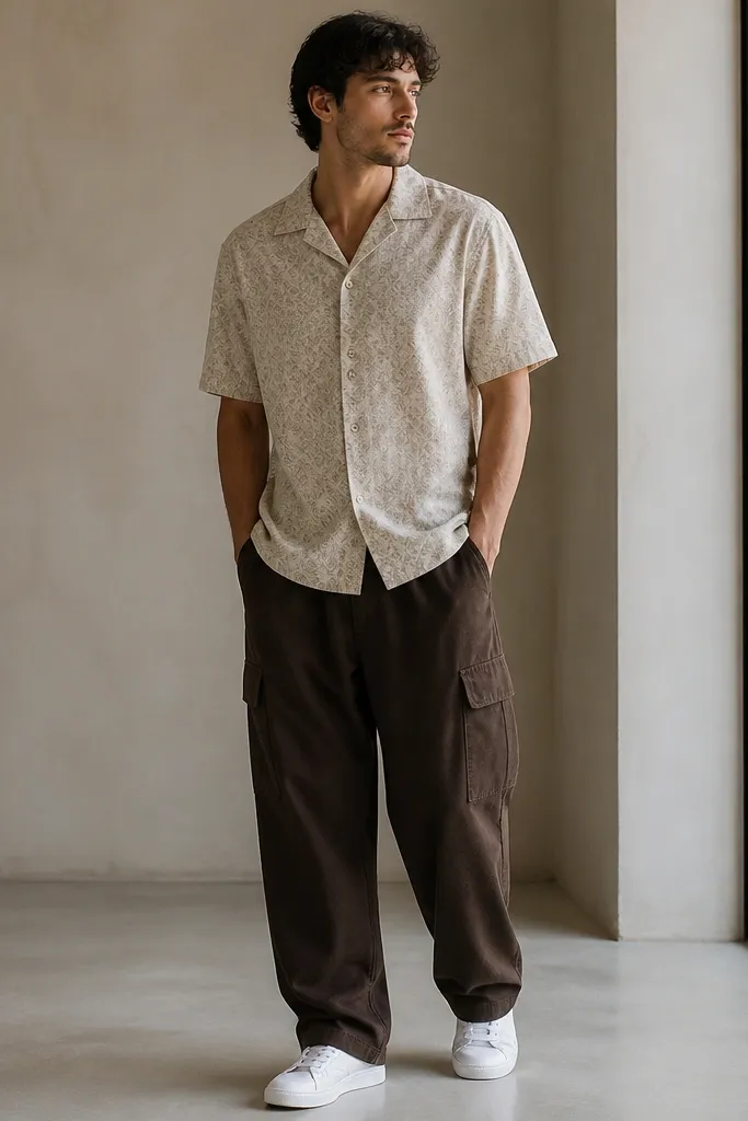 A man wearing a patterned short-sleeve camp shirt with a subtle print, paired with espresso brown baggy cargo pants. He wears clean white sneakers and the shirt is untucked with a casual drape. The pants show a loose thigh and pockets with flaps.