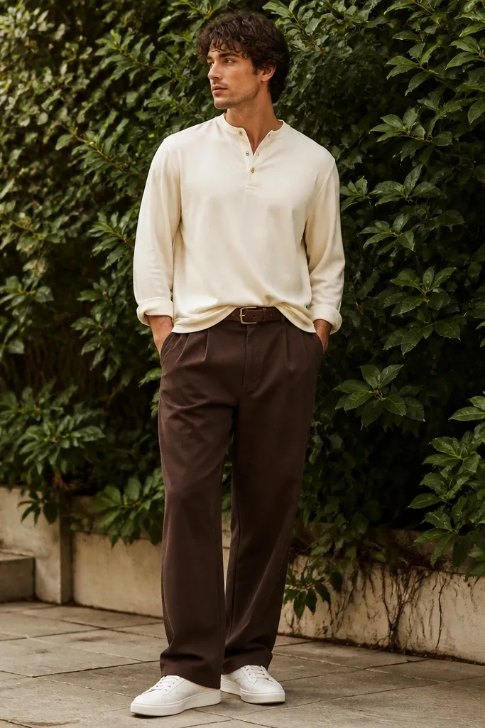 A man stands in front of green plants wearing a cream henley with three small buttons, slightly loose sleeves, and chocolate brown baggy pants. He has clean white leather sneakers and a simple brown belt. The henley hits at the hip with a mild half-tuck.