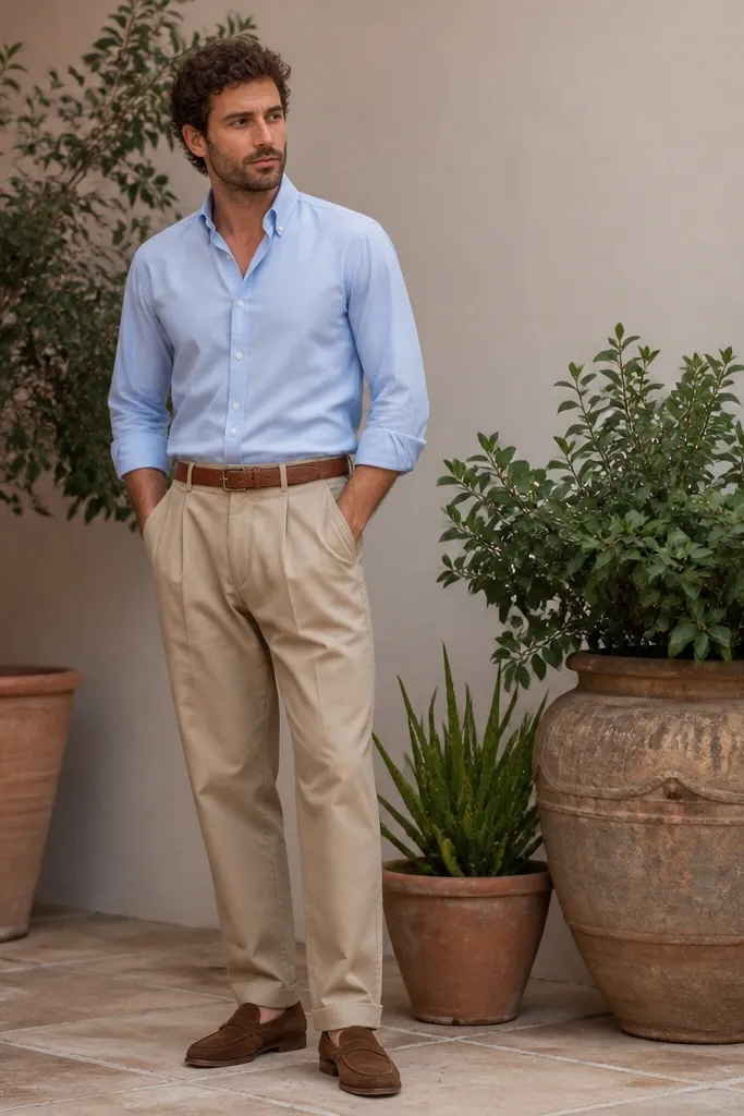 A man poses near potted plants wearing a light blue oxford button-down with sleeves rolled once. He has tan baggy pants with a relaxed thigh and a soft taper at the hem. Brown suede loafers and a tan belt show clearly.