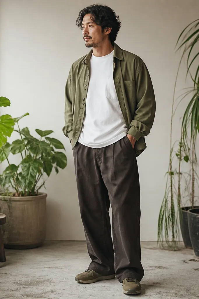 In a room with tall green plants, a man wears a white pocket tee under an olive overshirt. He has espresso brown baggy pants and olive-brown sneakers. The overshirt is unbuttoned and slightly cropped at the hip.