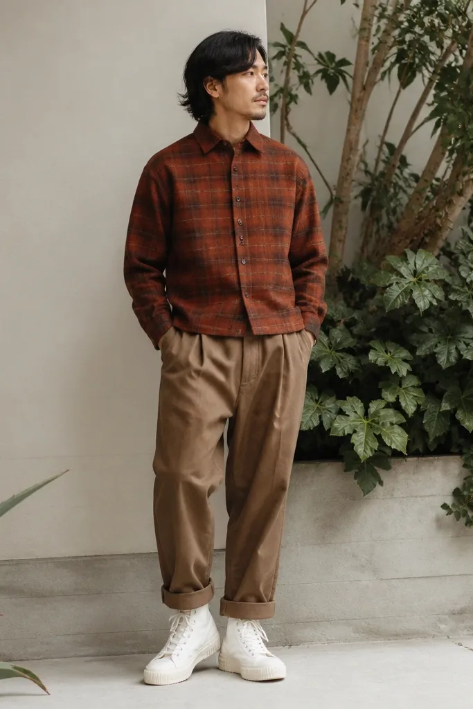 A man stands beside leafy plants wearing a rust-red flannel fully buttoned. He has camel brown baggy pants and chunky white hi-top sneakers. The flannel has visible brushed texture and a slightly cropped length.