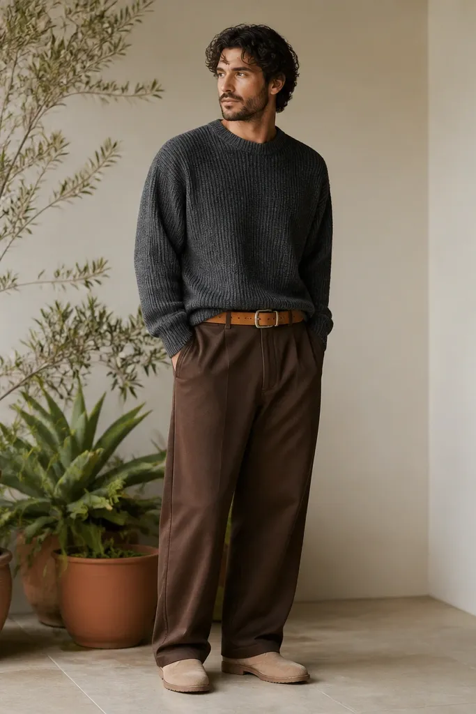 A man near potted plants wears a charcoal knit crew sweater with a slightly loose fit. He has chocolate brown baggy pants and tan desert boots. The belt is clearly tan with a simple buckle.