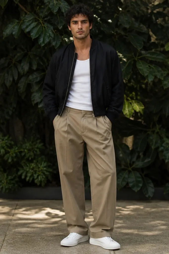 A man stands in front of leafy plants wearing a black bomber jacket over a white muscle tee. He has tan baggy pants and crisp white sneakers. The bomber hem sits at the waist.