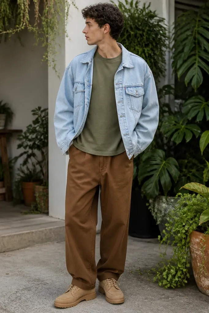 A man by plants wears an olive t-shirt with a light wash denim jacket. He has brown baggy pants and light brown lace-up shoes. The denim jacket is worn open with a visible pocket flap.