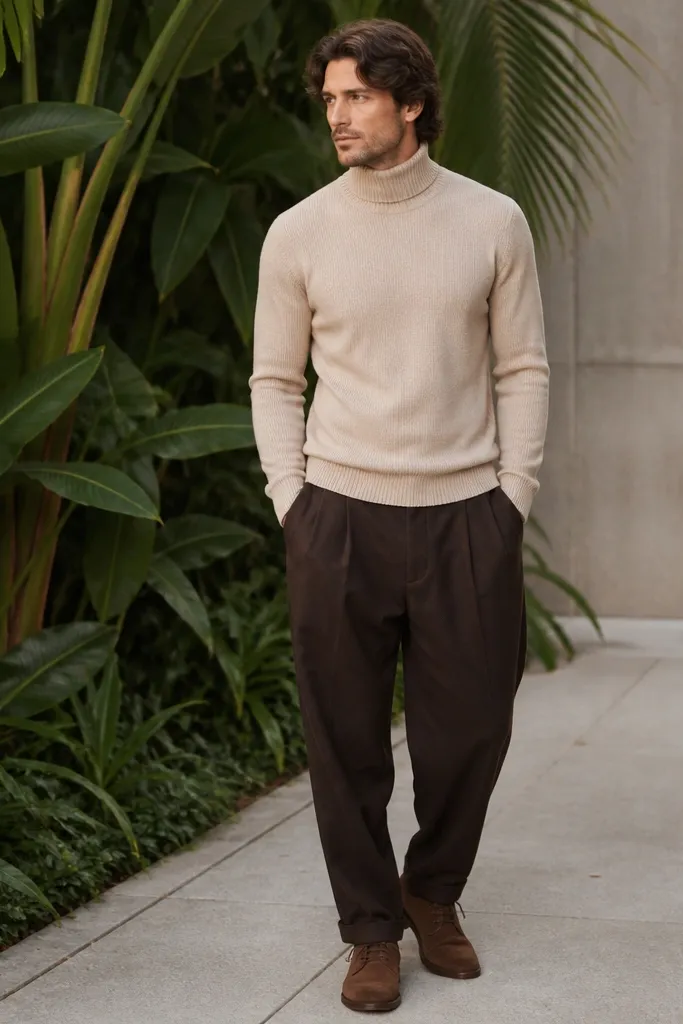 A man stands near tall green plants wearing a sand turtleneck sweater. He has espresso brown baggy pants and suede chukka boots in warm brown. The turtleneck sits high without bunching.
