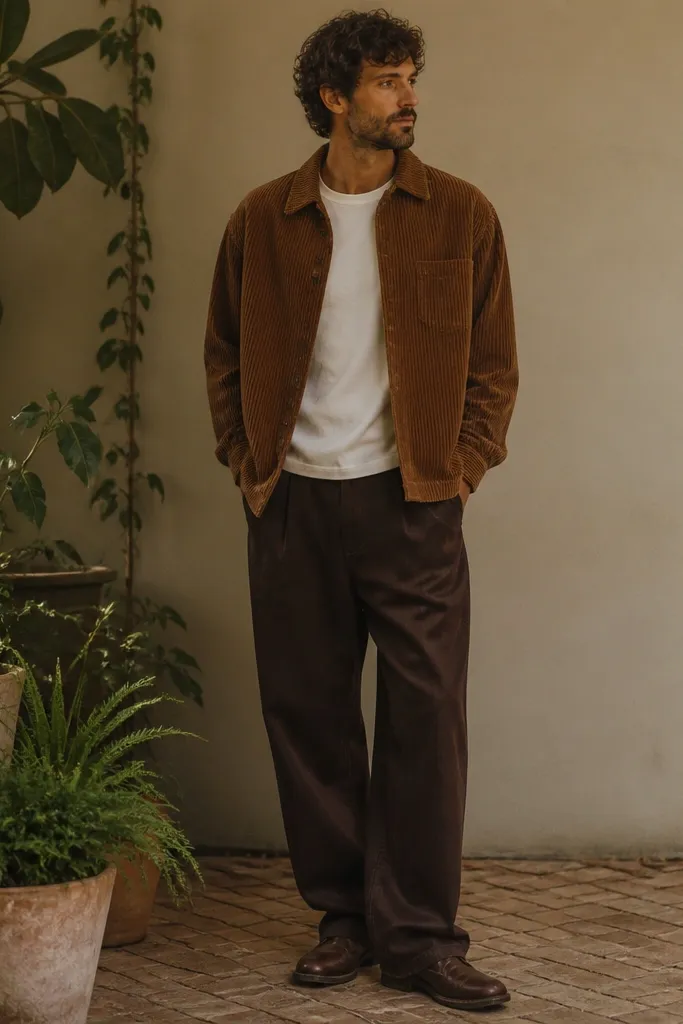 A man is photographed beside plants wearing a white crew tee under a brown corduroy overshirt. He has dark brown baggy pants and dark brown shoes. The corduroy shows clear ridges in warm lighting.