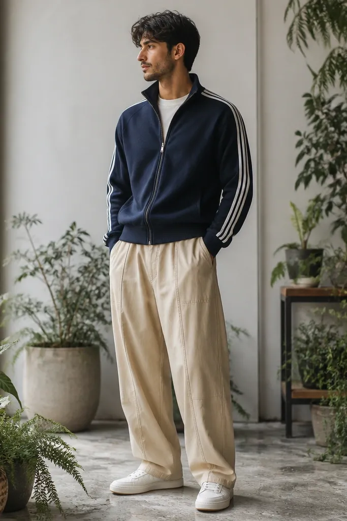 A man by plants wears a navy track jacket with white stripes over a neutral tee. He has beige baggy pants and white sneakers with low profile. The track jacket is zipped half-way.