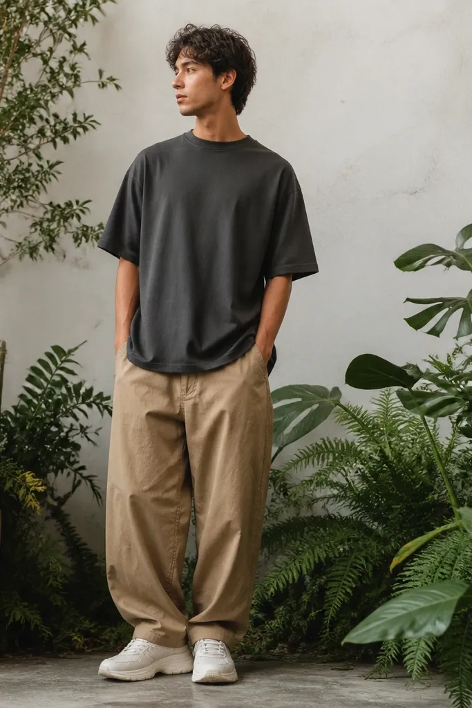 A man near plants wears a charcoal oversized t-shirt with sleeves slightly dropped. He has tan baggy pants and white chunky sneakers. The t-shirt has a clean crew neck and falls past the belt line slightly.