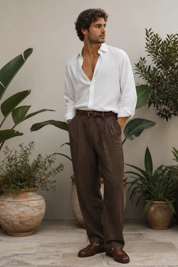 A man stands in front of potted plants wearing a white button-up shirt left open at the top. He has brown baggy pants and a woven belt. Brown loafers sit neatly under the hem.