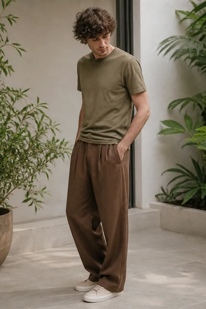 A man by plants wears an olive t-shirt with teak brown baggy pants. He has natural canvas sneakers with off-white soles. The pants are loose and drape, with visible fabric grain.