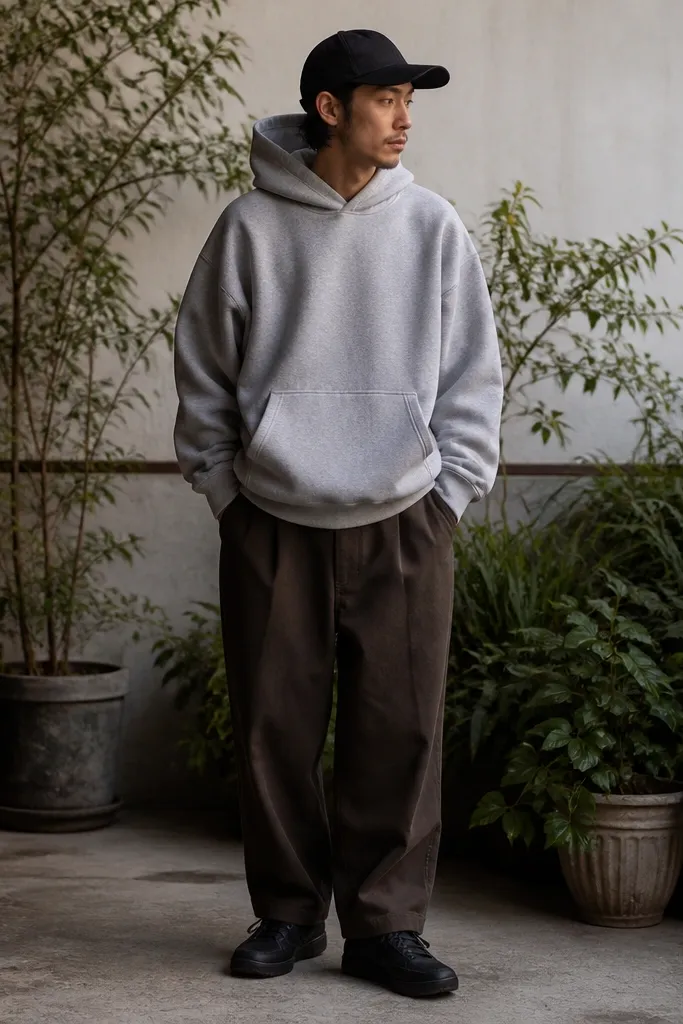 A man near plants wears a heather grey hoodie and dark brown baggy pants. He has a black baseball cap and dark sneakers. The hoodie is slightly oversized with cuffs visible at the wrist.