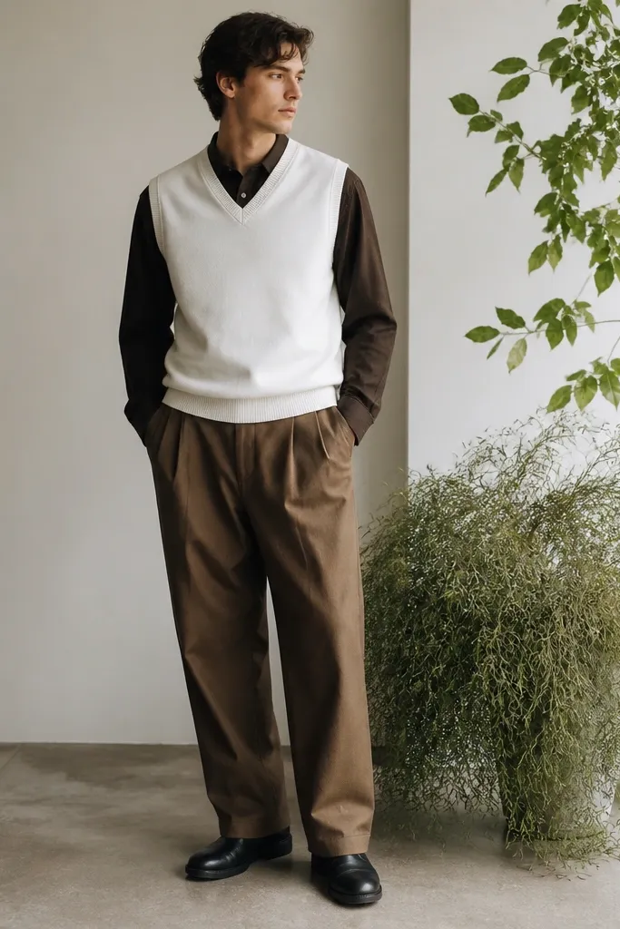 A man stands beside plants wearing a white sweater vest over a dark long-sleeve shirt. He has brown baggy pants and black leather boots. The vest shows a V neckline and ribbed armholes.