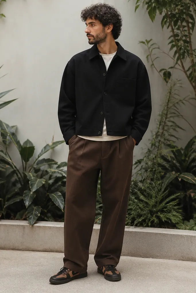 A man in front of plants wears a black overshirt over a cream t-shirt. He has tobacco brown baggy pants and black-and-brown sneakers. The overshirt is buttoned and slightly cropped.