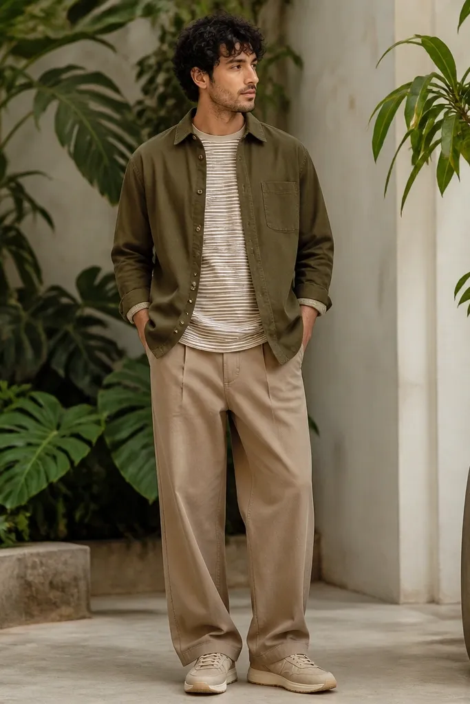 A man stands near plants wearing a tee with thin cream and olive stripes. Over it, he has an olive overshirt. He wears light brown baggy pants and beige sneakers.