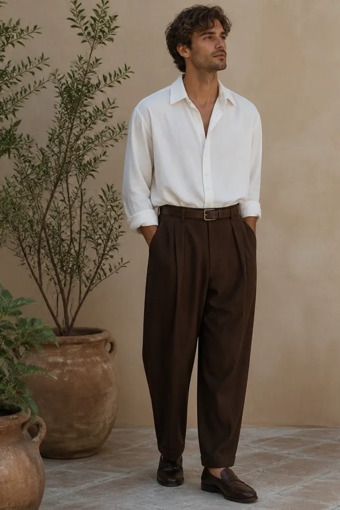 A man near potted plants wears a white tencel button-up with a soft drape. He has chocolate brown baggy pants and a dark brown leather belt. Dark brown loafers complete the look.
