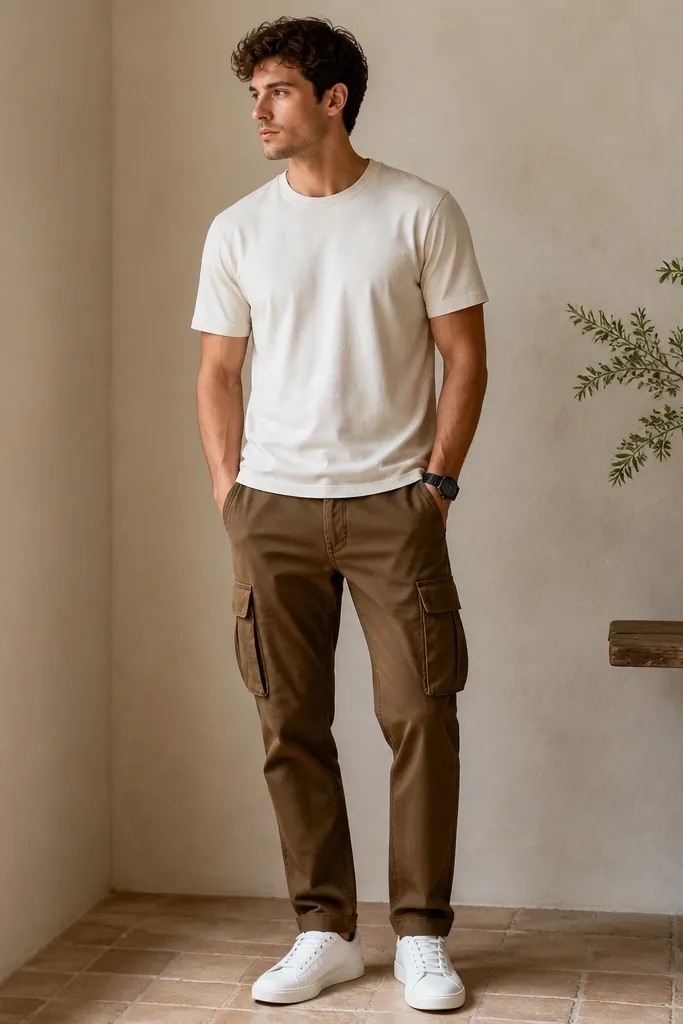 A man wearing tobacco-brown cargo pants with patch pockets, paired with a cream crewneck T-shirt and clean white low-top sneakers; a simple black watch on the wrist, no jacket.