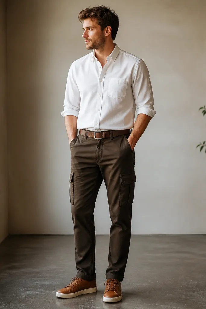 A man in dark brown cargo pants with visible cargo pockets, wearing a white Oxford button-down shirt with sleeves rolled once; brown leather belt and tan-brown lace-up sneakers.
