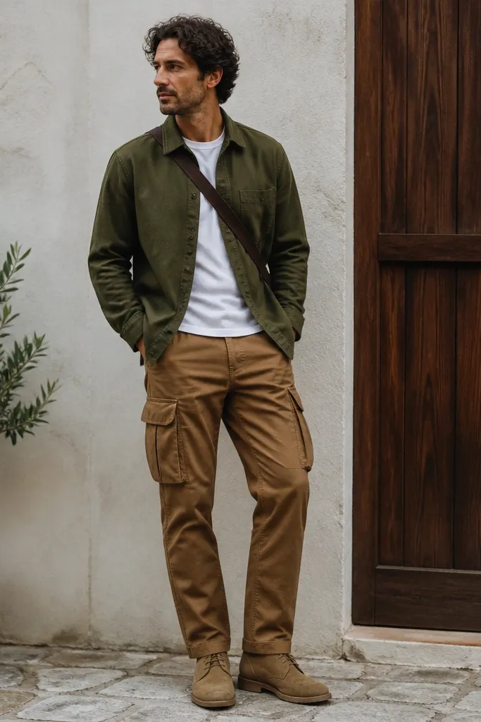 A man wearing caramel-brown cargo pants, an olive overshirt layered over a white tee, and suede desert boots; a cross-body bag strap across the chest.