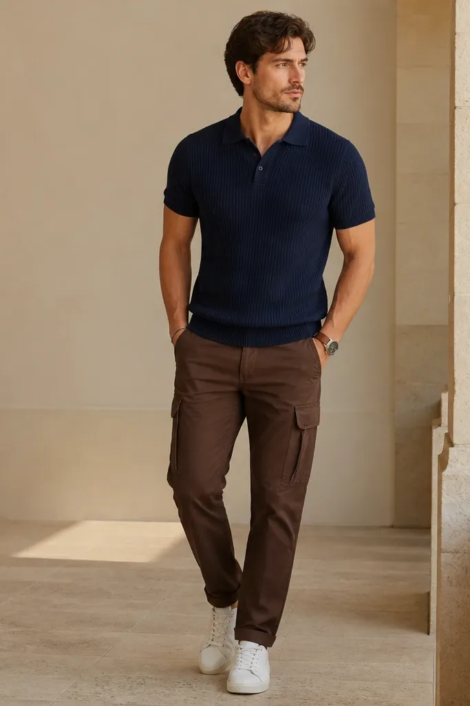 A man wearing a navy knit polo shirt with short sleeves, chocolate-brown cargo pants, and white sneakers; no jacket, clean watch and minimal accessories.