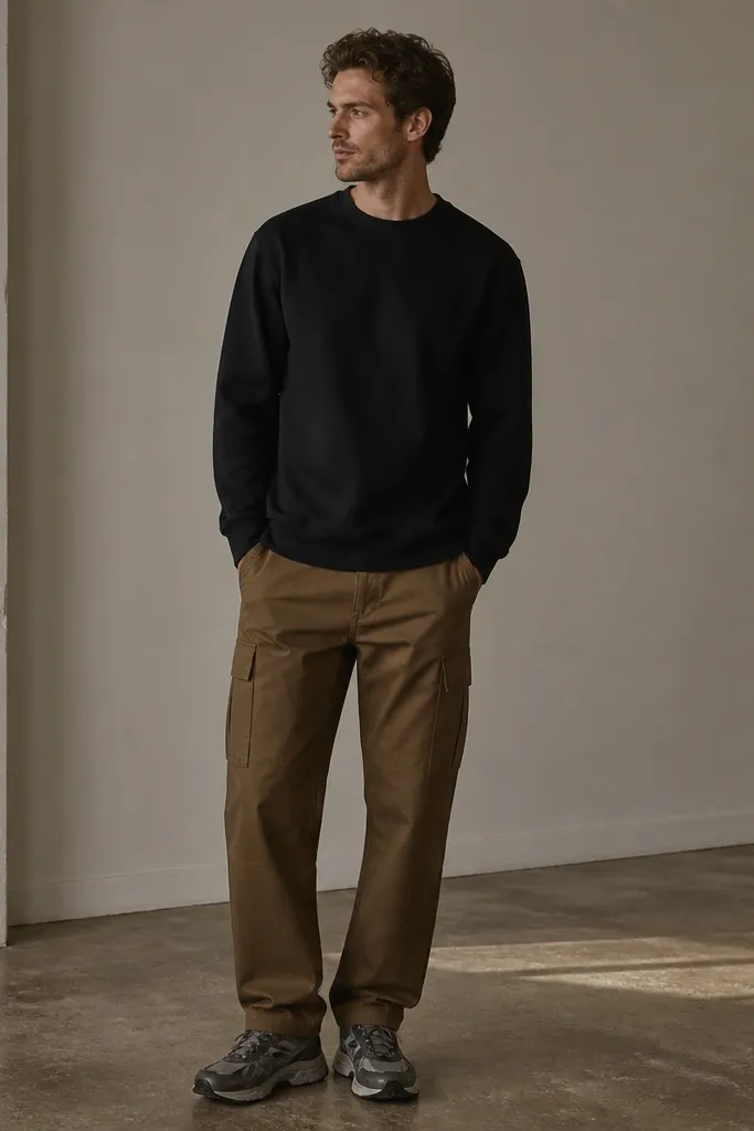 A man wearing a black crewneck sweatshirt, medium brown cargo pants, and chunky gray-black trainers; the sweatshirt is untucked and falls over the waistband.