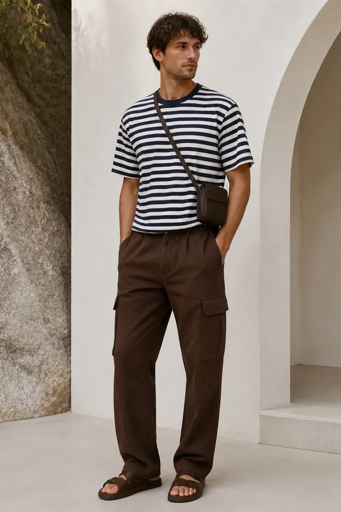 A man wearing a navy-and-white striped crew tee, espresso-brown cargo pants, and brown slide sandals; small cross-body bag.
