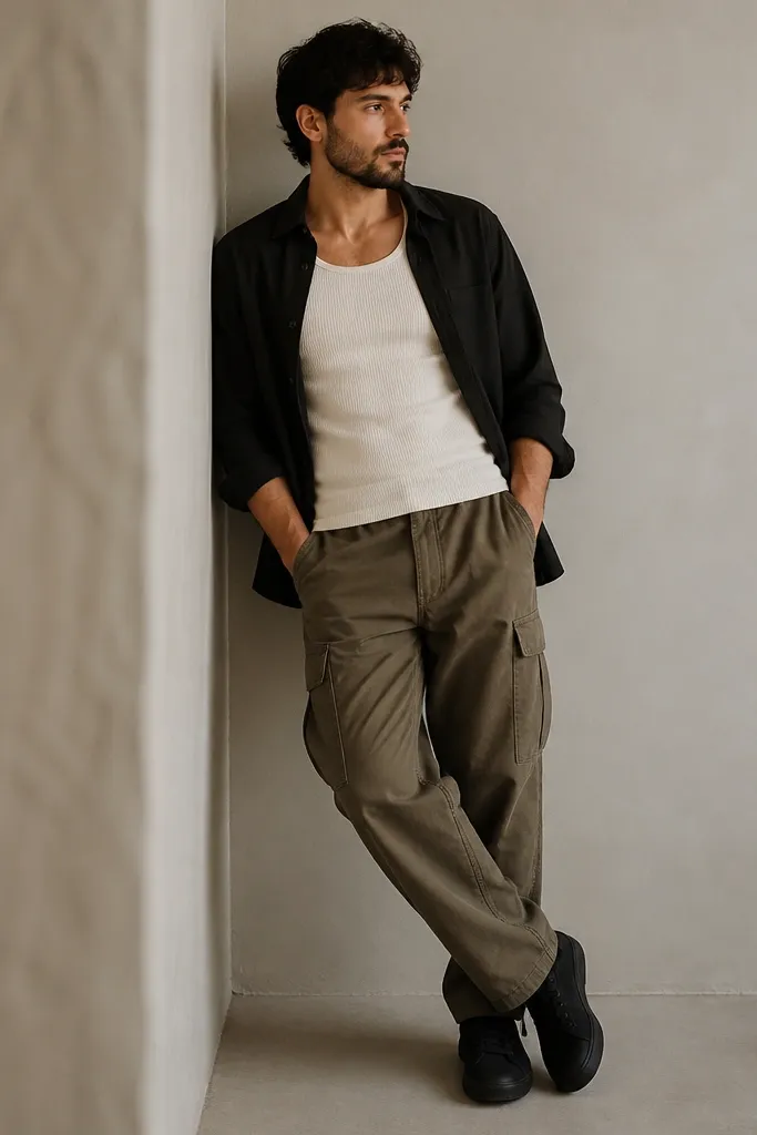 A man wearing an off-white tank top, olive-brown cargo pants, and a black overshirt worn open over the tank; black sneakers.