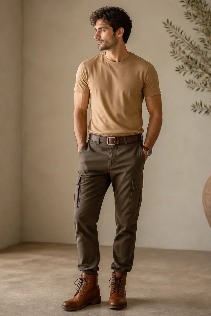 A man wearing a camel t-shirt, medium-dark brown cargo pants, and cognac leather lace-up boots; a leather watch and a brown leather belt.