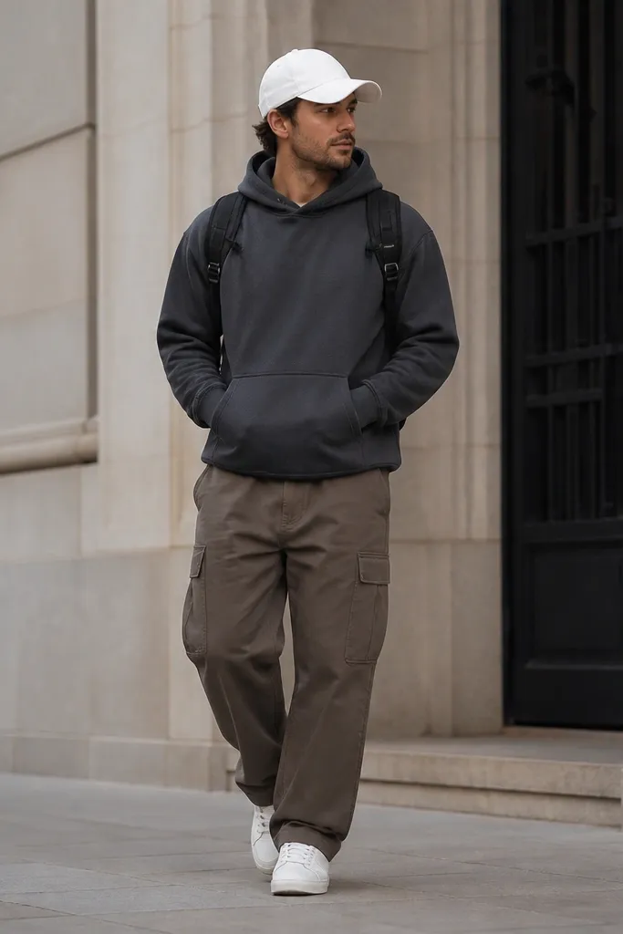 A man wearing a charcoal hoodie, mocha-brown cargo pants, and a white baseball cap; white sneakers and a small backpack.
