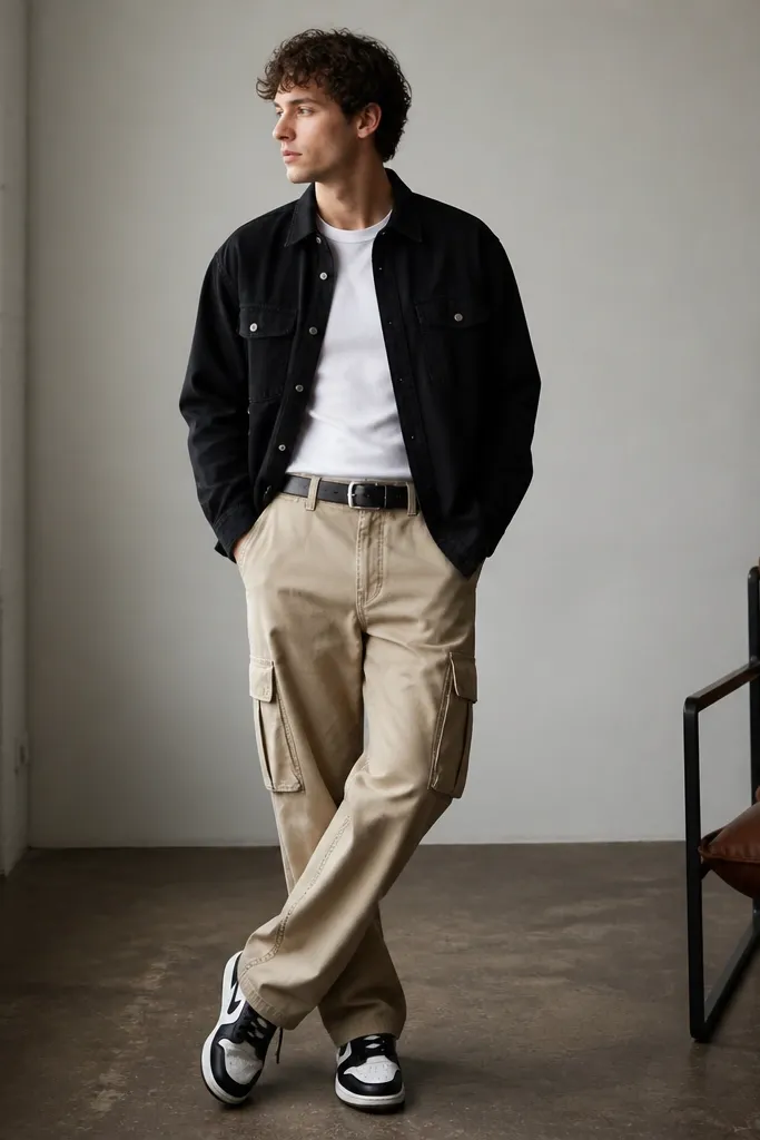 A man wearing a black denim overshirt over a plain white tee, light brown cargo pants, and black-and-white sneakers; belt with a silver buckle.
