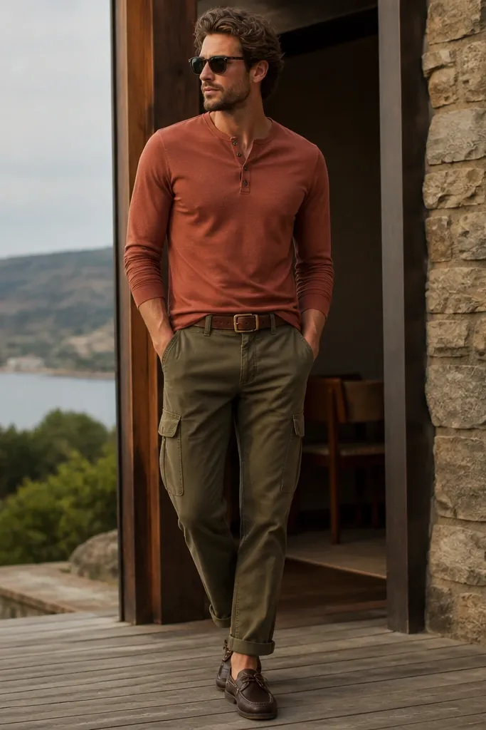 A man wearing a terracotta three-button henley, olive-brown cargo pants, and dark brown boat shoes; a light brown belt and sunglasses.