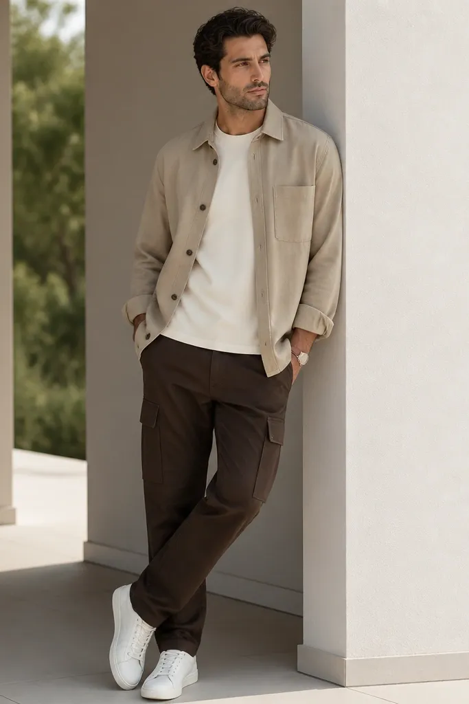 A man wearing a sand-colored overshirt over a cream tee, chocolate-brown cargo pants, and white sneakers; minimal watch and no hat.