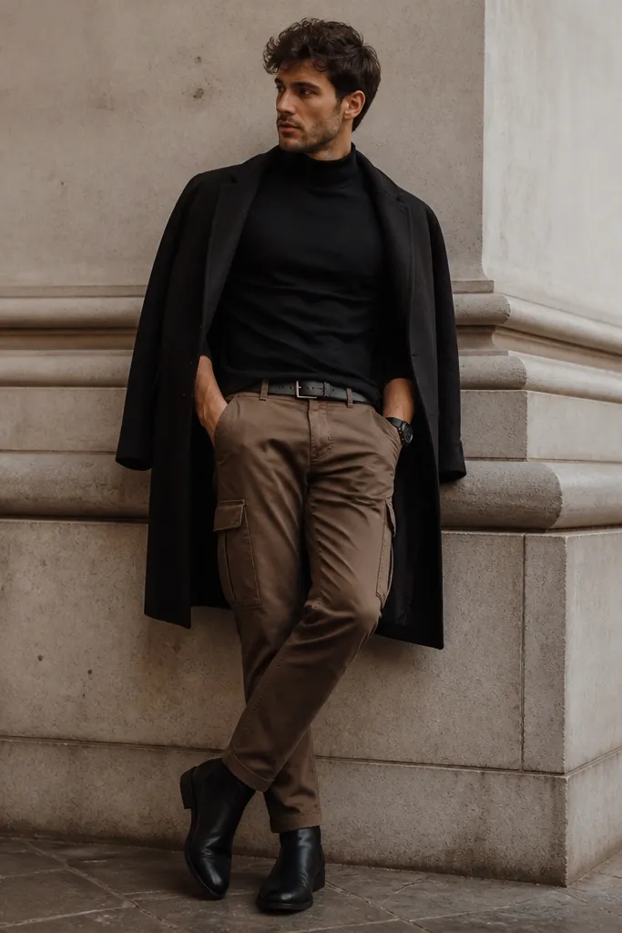 A man wearing a thin black turtleneck sweater, medium brown cargo pants, and black Chelsea boots; black watch and a dark coat hanging off shoulders.