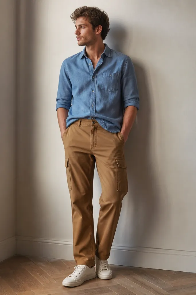 A man wearing a blue chambray button-down with sleeves rolled, tobacco cargo pants, and white sneakers; shirt is partially tucked.