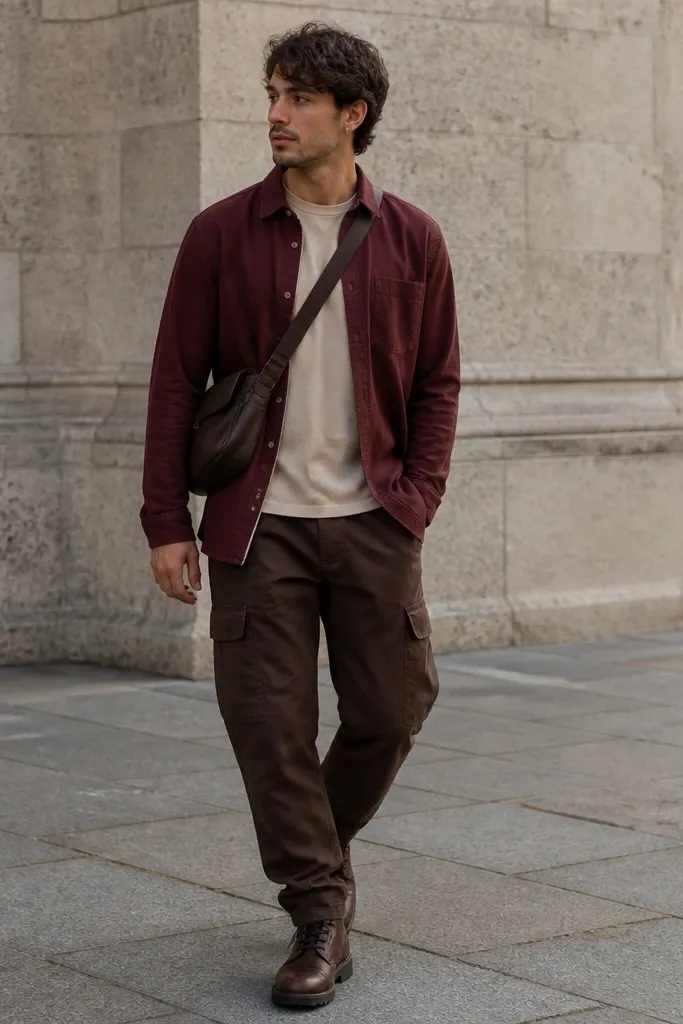 A man wearing a burgundy overshirt over a beige tee, espresso-brown cargo pants, and dark brown boots; a cross-body bag.