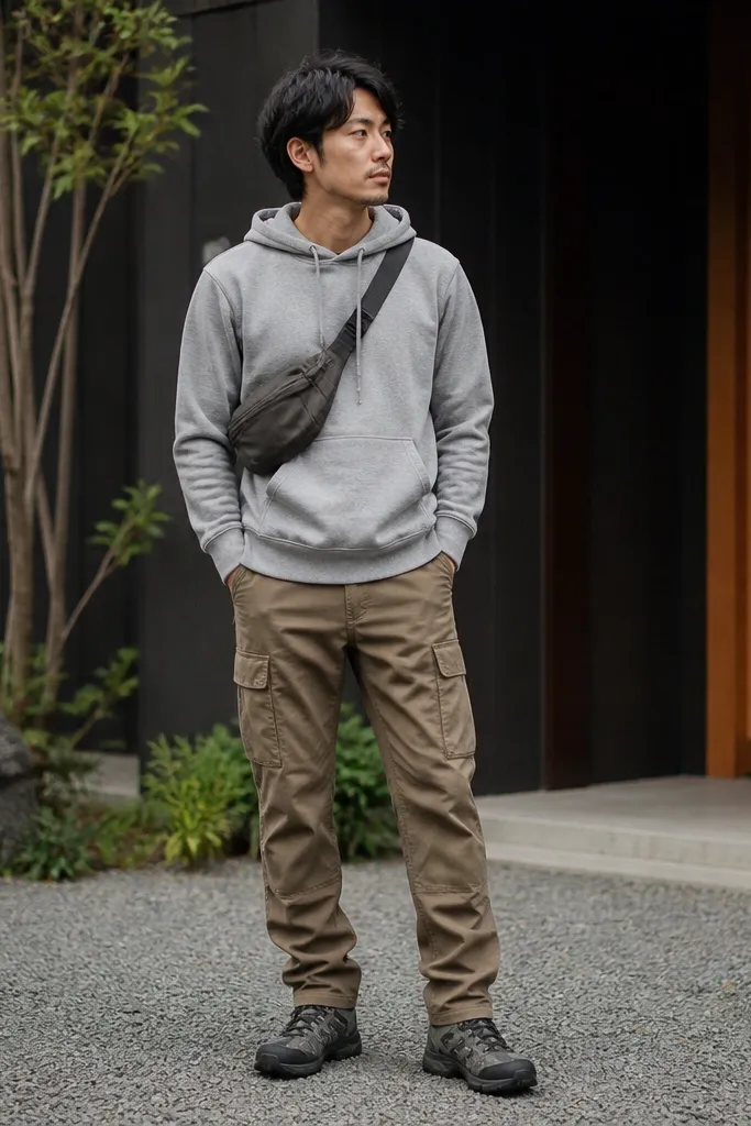 A man wearing a heather gray hoodie, light brown cargo pants, and black-gray trail sneakers; a small sling bag and no outer coat.
