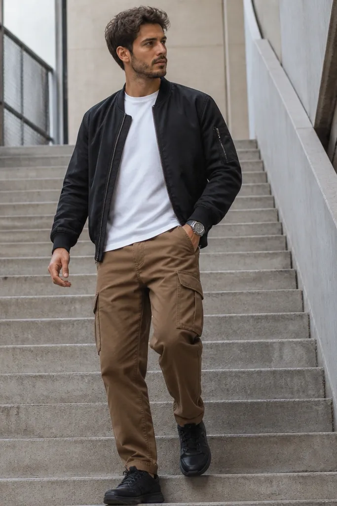 A man wearing a plain white crew tee, medium brown cargo pants, and a black bomber jacket with ribbed cuffs; black sneakers and a simple watch.