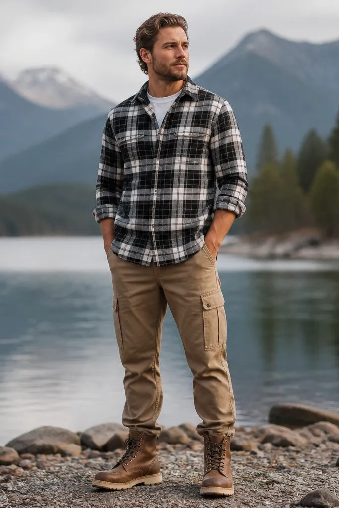 A man wearing a black-and-white plaid flannel shirt over a white tee, tan cargo pants, and rugged work boots; flannel is buttoned and sleeves rolled once.