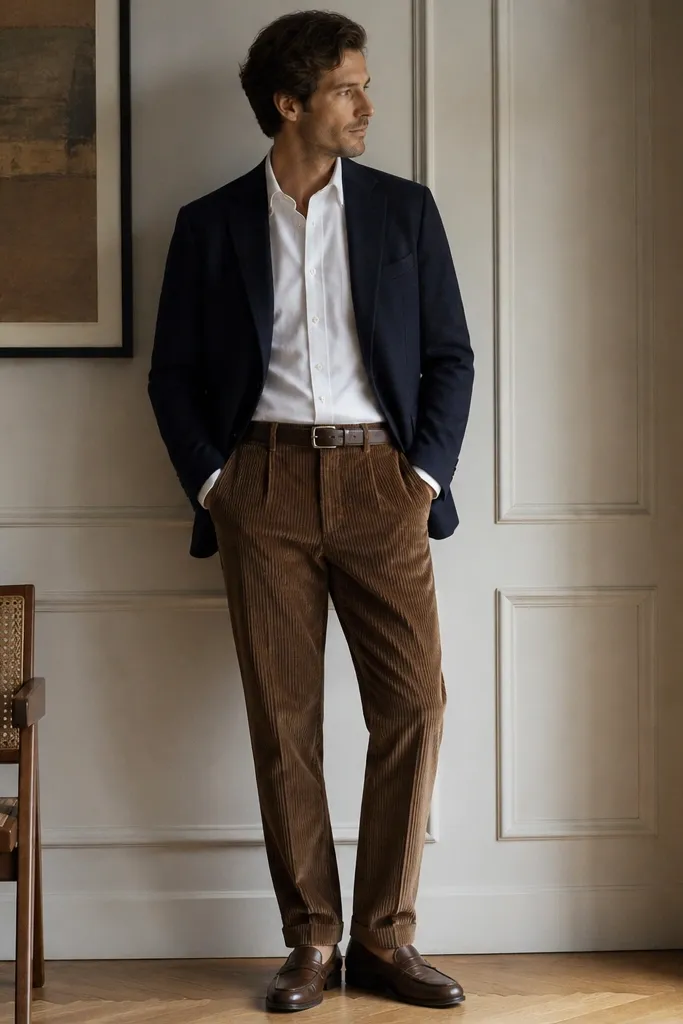 Man dressed in white oxford button-down tucked into medium brown corduroy straight-leg pants. He wears a navy unstructured blazer and brown leather loafers. The image shows a clean blazer silhouette and the corduroy ridges clearly.