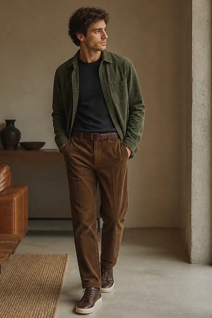 Man wearing an olive brushed flannel overshirt over a dark tee, tucked-in warm brown corduroy pants. He has dark brown leather sneakers and a simple leather belt. The overshirt is open at the front, showing layered fabric textures.