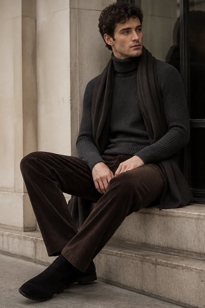 Man in a charcoal ribbed turtleneck sweater paired with deep espresso-brown corduroy pants. He wears black suede ankle boots and a dark scarf. The photo shows a tight rib texture on the sweater and pronounced cord ridges.