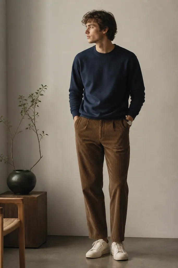 Man wearing a navy crewneck sweatshirt with mid-brown corduroy pants. He has off-white low-top sneakers and a simple watch. The corduroy shows a medium wale texture and the pants are tapered with a clean hem.
