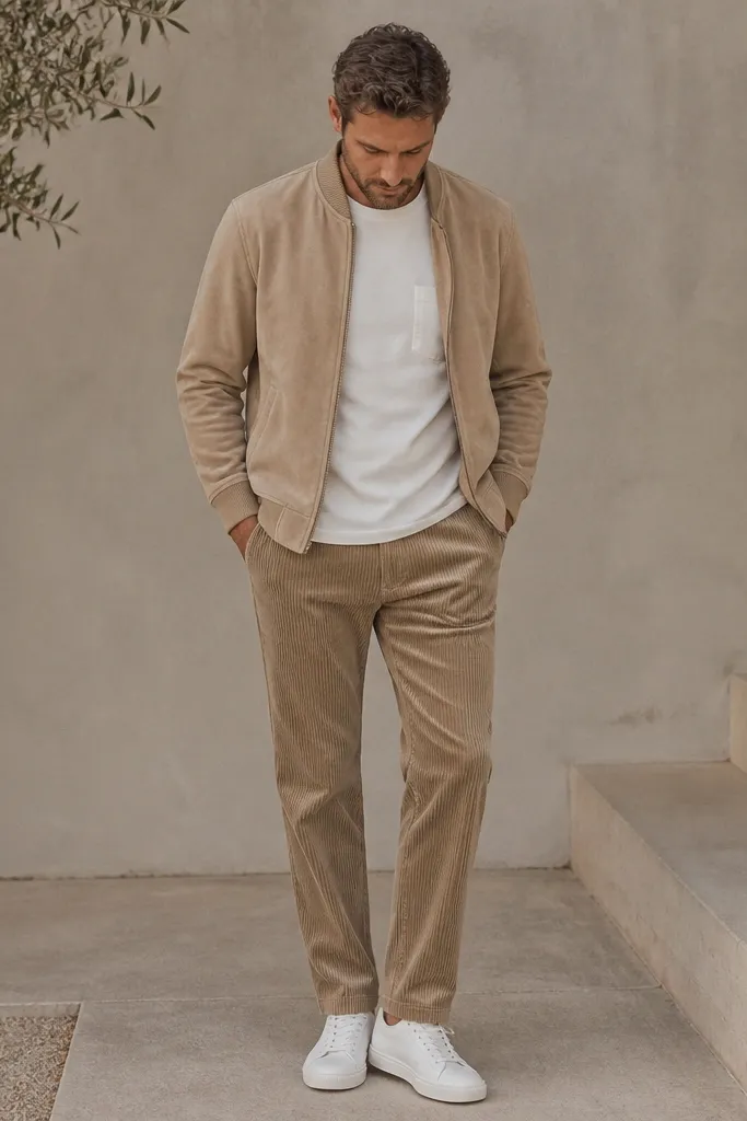 Man wearing a sand suede bomber jacket over a white pocket tee. He has light brown corduroy pants and simple white sneakers. The bomber has a matte finish and visible suede grain.