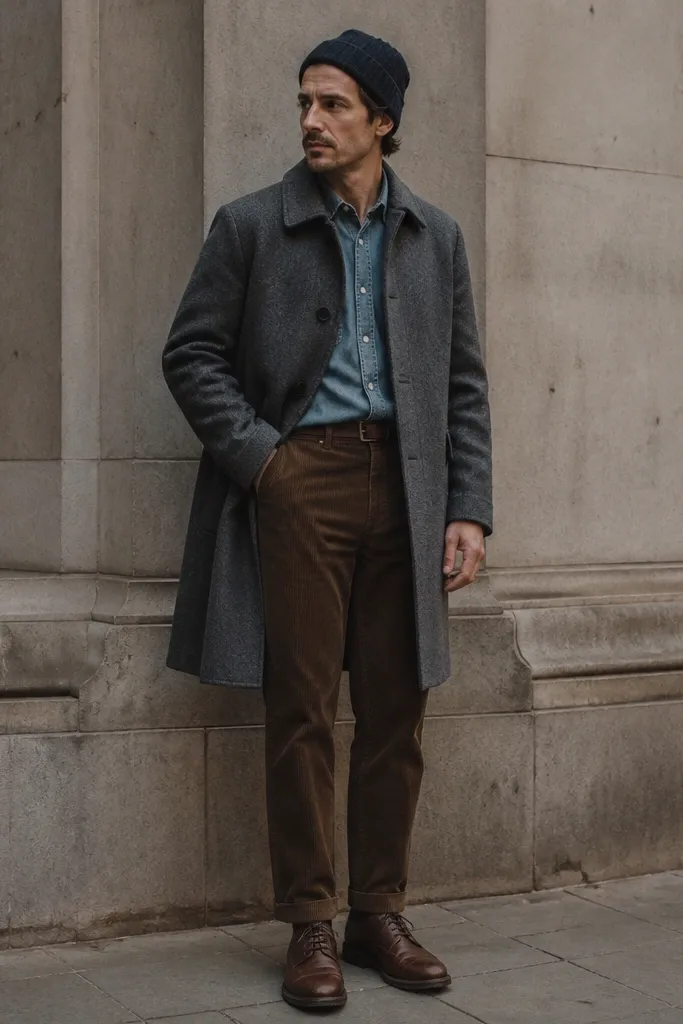 Man in a medium grey wool overcoat wearing brown corduroy pants and a blue chambray button-up. He wears brown leather lace-up shoes and a dark knit beanie. The coat has a clean collar and the chambray looks slightly faded.