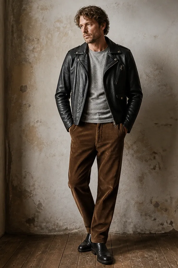 Man wearing a black leather moto jacket over a heather grey crew tee. He has medium brown corduroy pants and black leather boots. The leather jacket has a visible grain and zipper hardware.
