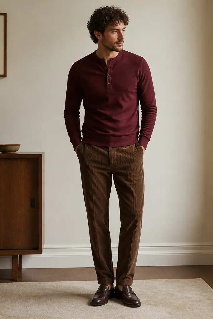 Man wearing a burgundy long-sleeve henley with three buttons. He has brown corduroy pants and dark brown leather loafers. The henley is slightly fitted and the pants hem shows a light break.