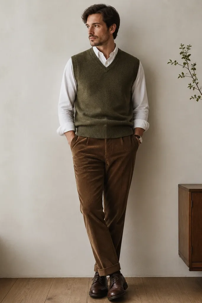 Man wearing an olive heather sweater vest over a white button-down. Brown corduroy pants are straight and cuffed slightly at the hem. He wears brown leather lace-ups and a simple wristwatch.