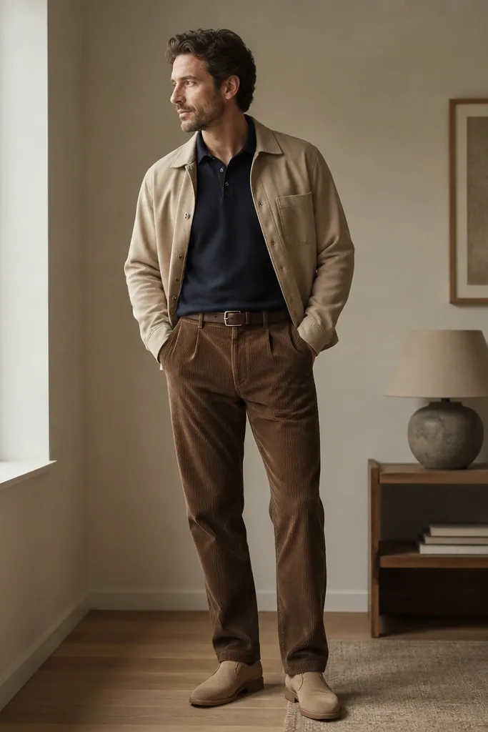 Man wearing a navy knit polo with a tan overshirt layered open. He has medium brown corduroy pants and tan suede shoes. The overshirt hem sits at the belt line and the polo collar is visible.