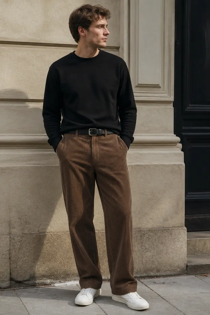 Man wearing a black crewneck sweatshirt and mocha-brown corduroy pants. He has clean white sneakers and a black belt. The outfit is photographed in daylight with the cord ridges visible.